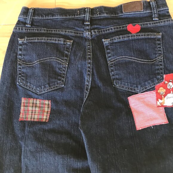 Upcycled Patchwork Jeans: Boho Distressed Denim with Puppies, Size 12 Short - Picture 12 of 13